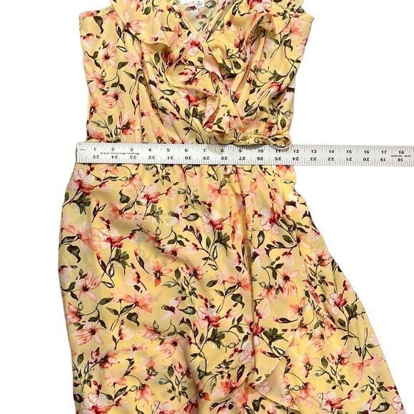 SOCIALITE DRESS XS YELLOW PINK RUFFLE PRINT WRAP MIDI ROMANCE FAIRYCORE SEXY - Picture 14 of 15